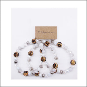 SILVER LEOPARD PRINT STRETCH BRACELETS SHAMBALLA BALL FACETED ( 102MT28 )