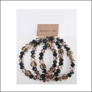 3 BLACK BROWN LEOPARD PRINT STRETCH BRACELETS SHAMBALLA BALL FACETED ( 102 MT30 )