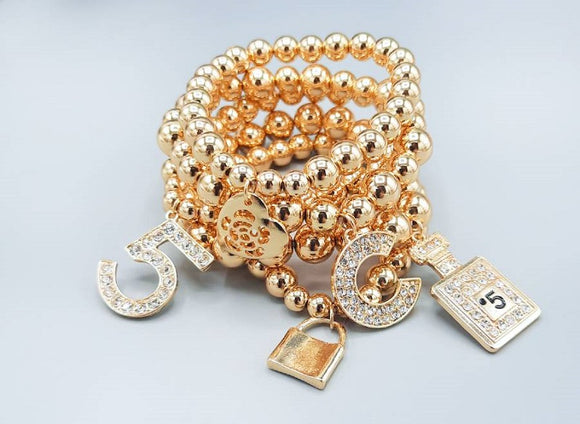 GOLD BALL STRETCH BRACELETS SILVER CHARMS MB 1239 GD )