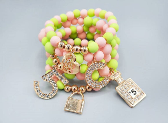 PINK GREEN STRETCH BRACELETS GOLD CHARMS (MB 1239 PKMIX )