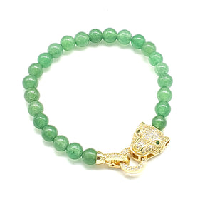 JADE COLOR STRETCH BRACELET GOLD CAT HEAD CLEAR CZ CUBIC ZIRCONIA STONES ( 2032 GJD )