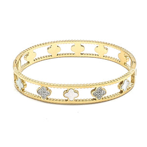 GOLD STAINLESS STEEL CLOVER BANGLE CLEAR STONES ( 6074 G )