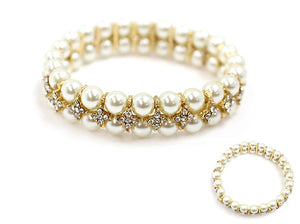 GOLD CREAM PEARL STRETCH BRACELET CLEAR STONES ( 5408 GDCRP )