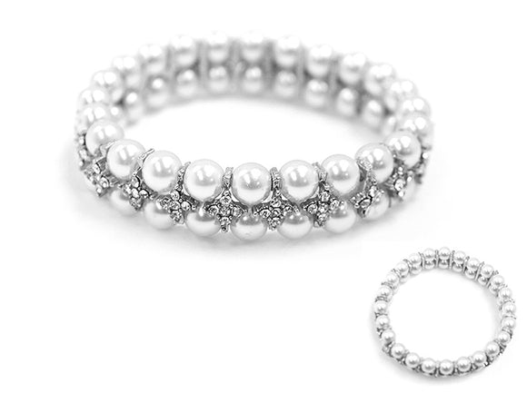 SILVER WHITE PEARL STRETCH BRACELET CLEAR STONES ( 5408 RHCRP )