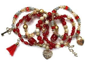 Layered Red Glass Beaded Stretch Bracelet with Heart Charms ( 1118 GDRE ) - Ohmyjewelry.com