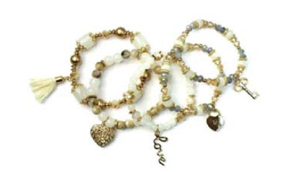 5 Layer Gold and Cream Beaded Heart and Tassel Theme Charm Stretch Bracelets ( 590 GWT )