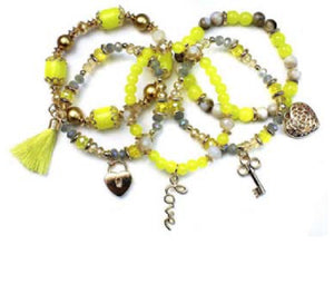 5 Layer Gold and Yellow Beaded Heart and Tassel Theme Charm Stretch Bracelets ( 590 GYL )