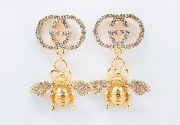 GOLD BEE EARRINGS CLEAR STONES ( 1657 GD )