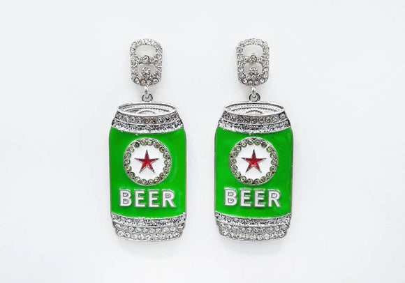 SILVER GREEN BEER CAN EARRINGS CLEAR GREEN STONES ( 1842 GRN )