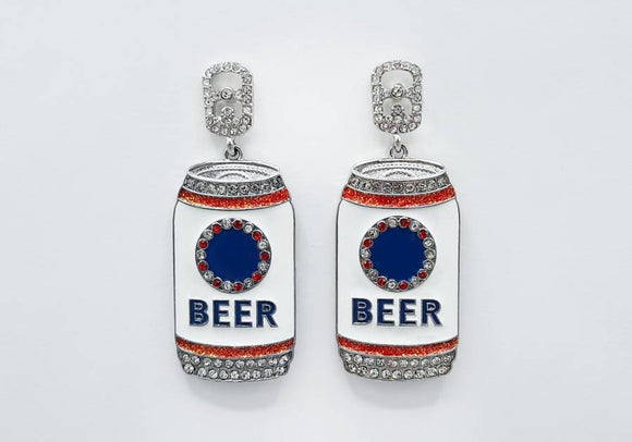SILVER WHITE BEER CAN EARRINGS CLEAR RED STONES ( 1842 WHT )