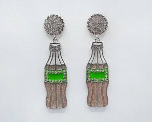 SILVER GREEN SODA BOTTLE EARRINGS CLEAR STONES ( 1843 RHGRN )