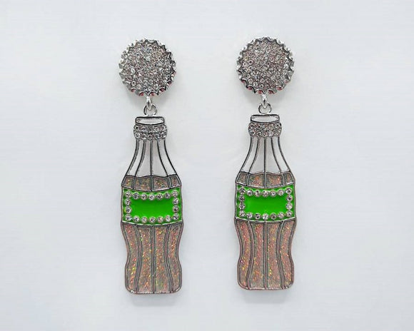 SILVER GREEN SODA BOTTLE EARRINGS CLEAR STONES ( 1843 RHGRN )