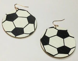 2.5" LEATHER BLACK AND WHITE SOCCER DANGLE EARRINGS ( 529 )