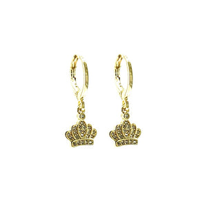 DANGLING GOLD CROWN EARRINGS CLEAR CZ CUBIC ZIRCONIA STONES