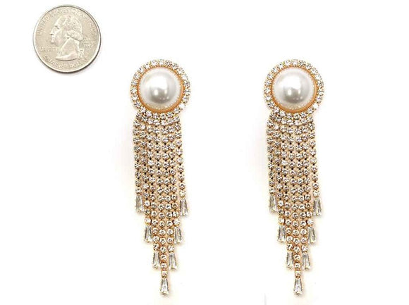 GOLD EARRINGS CLEAR STONES CREAM PEARLS ( 4949 GDCRP )