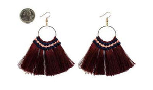 4" Wide Burgundy Red Silk Tassel Gold Dangling Fashion Earrings ( 4034 )