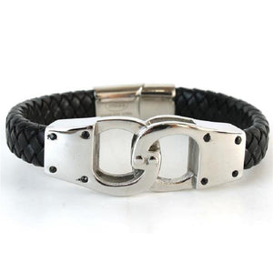 Men's Black Leather Braided Stainless Steel Handcuff Design Bracelet ( 055 ) - Ohmyjewelry.com