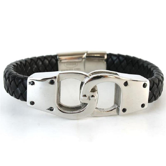 Men's Black Leather Braided Stainless Steel Handcuff Design Bracelet ( 055 ) - Ohmyjewelry.com