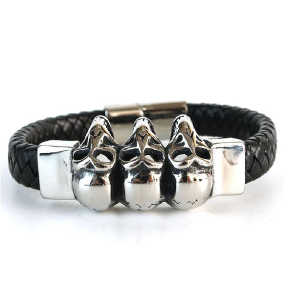Men's Black Leather Braided Stainless Steel Three Skulls Design Bracelet ( 058 )