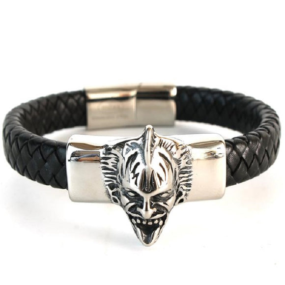 Men's Black Leather Braided Stainless Steel Demon Design Bracelet ( 060 )