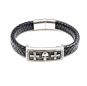 BLACK SILVER LEATHER BRACELET SKULL CROSS ( 084 )