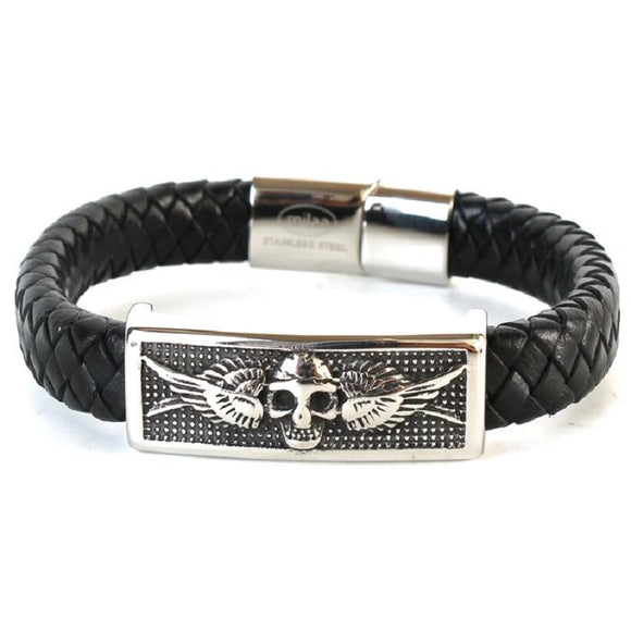 Men's Black Leather Braided Stainless Steel Skull with Wings Design Bracelet ( 051 )