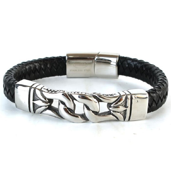Men's Black Leather Braided Stainless Steel Chain Design Bracelet ( 037 )