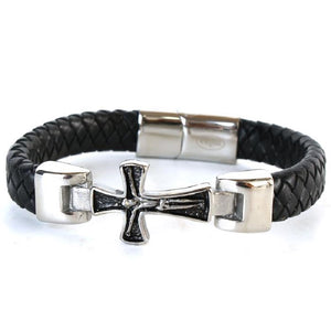 Men's Black Leather Braided Stainless Steel Cross Design Bracelet ( 046 )