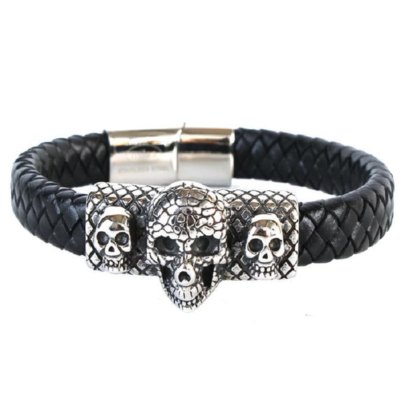 Men's Black Leather Braided Stainless Steel 3 Skull Design Bracelet ( 075 )