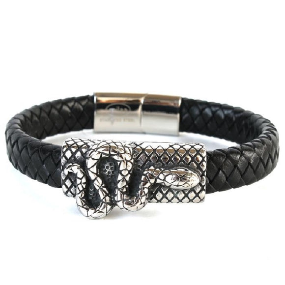 Men's Black Leather Braided Stainless Steel Snake Design Bracelet ( 076 )