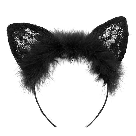 BLACK LACE AND FUZZY KITTY CAT EARS HEADBAND ( 6033 BK )