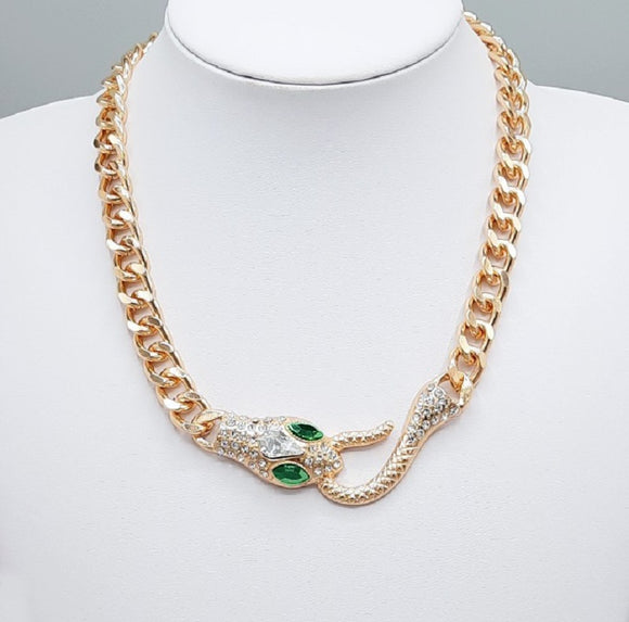 GOLD SNAKE NECKLACE CLEAR GREEN STONES ( 1580 GD )