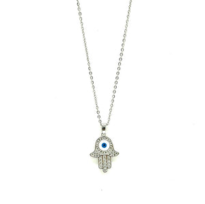 SILVER NECKLACE HAMSA PENDANT CLEAR STONES ( 3079 S )