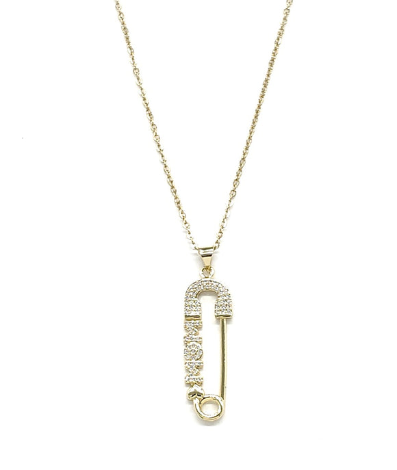 GOLD SAFETY PIN MOM NECKLACE CLEAR STONES ( 3080 GCL )