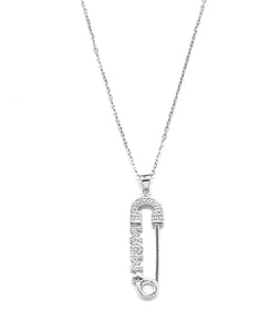 SILVER SAFETY PIN MOM NECKLACE CLEAR STONES ( 3080 SCL )