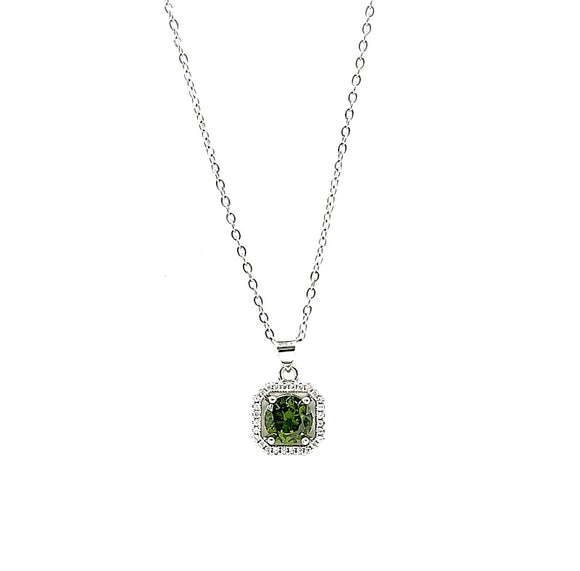 SILVER NECKLACE OLIVE GREEN CLEAR STONES ( 3087 SOV )