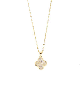 GOLD NECKLACE CLOVER PENDANT CLEAR STONES ( 3088 GL )