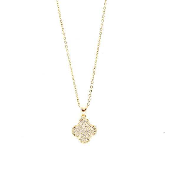 GOLD NECKLACE CLOVER PENDANT CLEAR STONES ( 3088 GL )