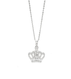 SILVER NECKLACE CROWN PENDANT CLEAR STONES ( 3129 SL )