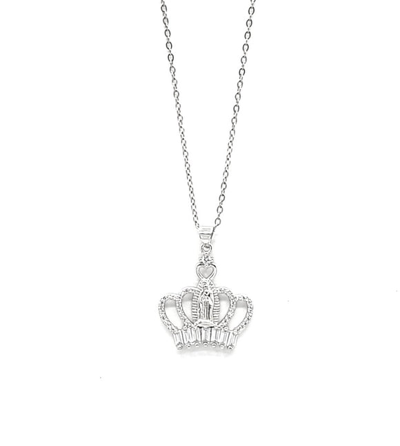 SILVER NECKLACE CROWN PENDANT CLEAR STONES ( 3129 SL )