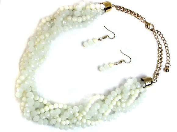 Cream and White Crystal Beaded Braided Style Necklace with Earrings