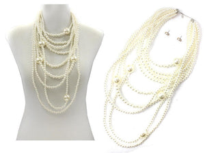 LONG MULTI LAYER CREAM PEARL NECKLACE WITH MATCHING EARRINGS ( 7490 GDCRP )