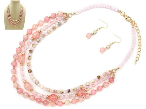 GOLD PINK BEAD STONE NECKLACE SET ( 7834 GDLPK )