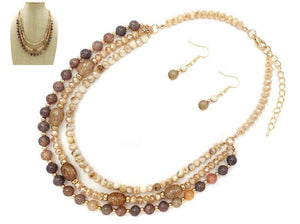 GOLD BROWN TAN BEAD STONE NECKLACE SET ( 7834 GDNEU )