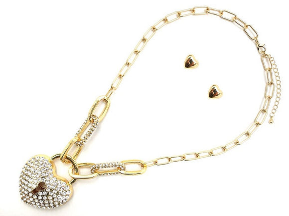 GOLD HEART LOCK NECKLACE SET CLEAR STONES ( 7861 GDCRY )