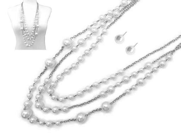 SILVER NECKLACE SET WHITE PEARLS ( 7909 RHCRP )