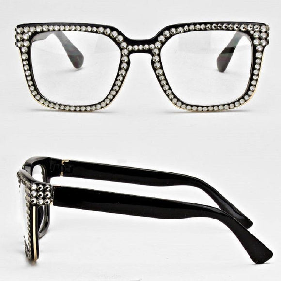 Black and Clear Swarovski Stones Square Fashion Glasses UV 400 ( 17 CL ) - Ohmyjewelry.com