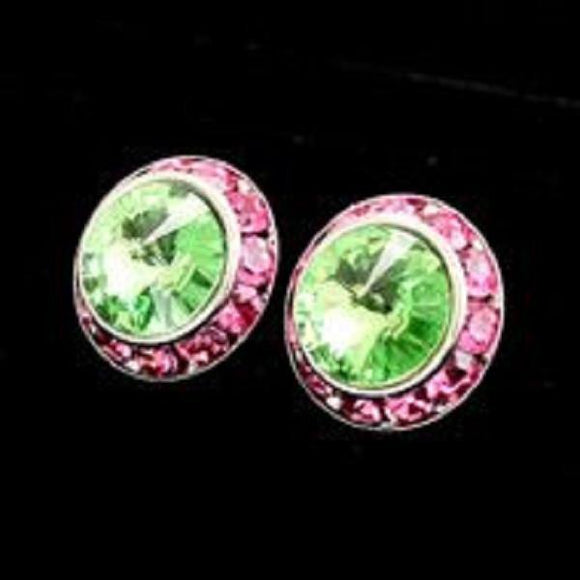 Large Pink and Green Rondelle Crystal Stud Earrings - Ohmyjewelry.com