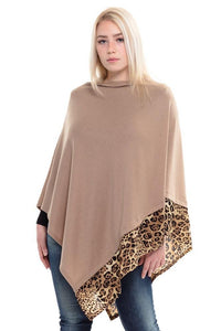 ALL YEAR ROUND LEOPARD TRIM SOLID TAUPE PONCHO ( 0089 TP ) - Ohmyjewelry.com
