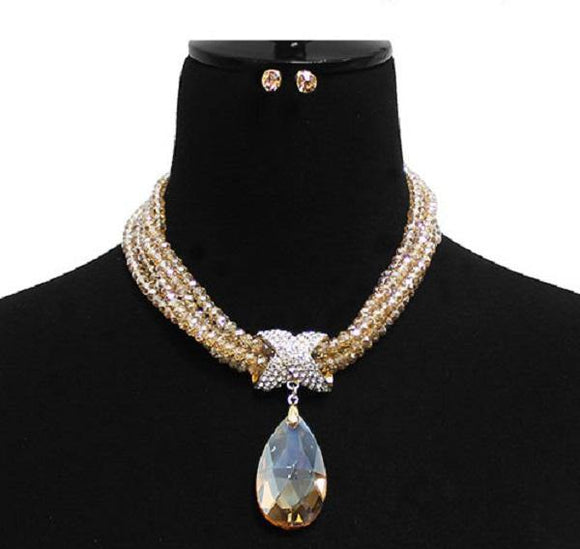 Multi Strand Topaz Brown Crystal Beaded Necklace with Large Teardrop Pendant and Gold Accents ( 7052 ) - Ohmyjewelry.com